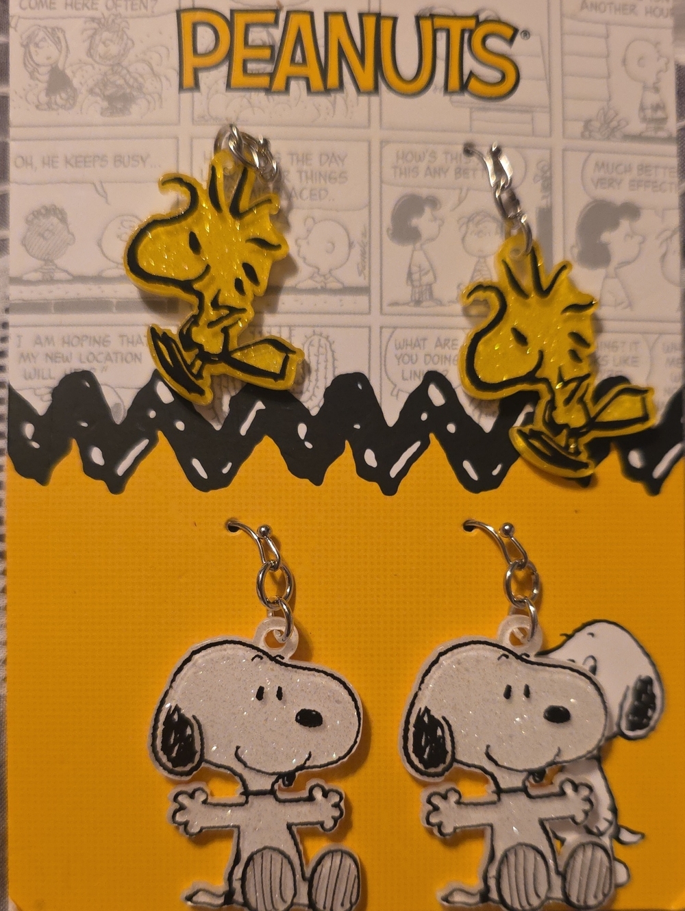 Peanuts Yellow Woodstock and White Snoopy Drop Earrings